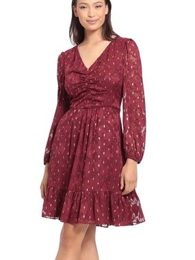 London Times Burgundy Long Sleeve V-Neck Dress with Gold Accents